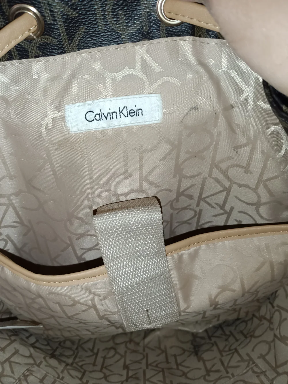 Calvin Klein Brown Logo-Print Backpack with Tan Trim